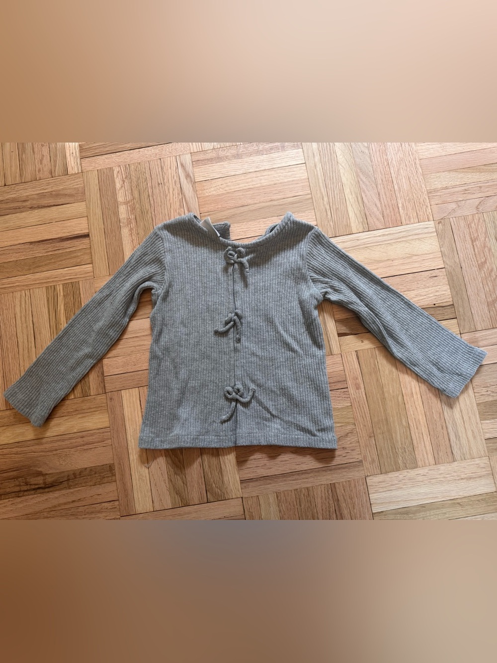 Zara Kids Ribbed Knit Top with Front Ties - Light Gray